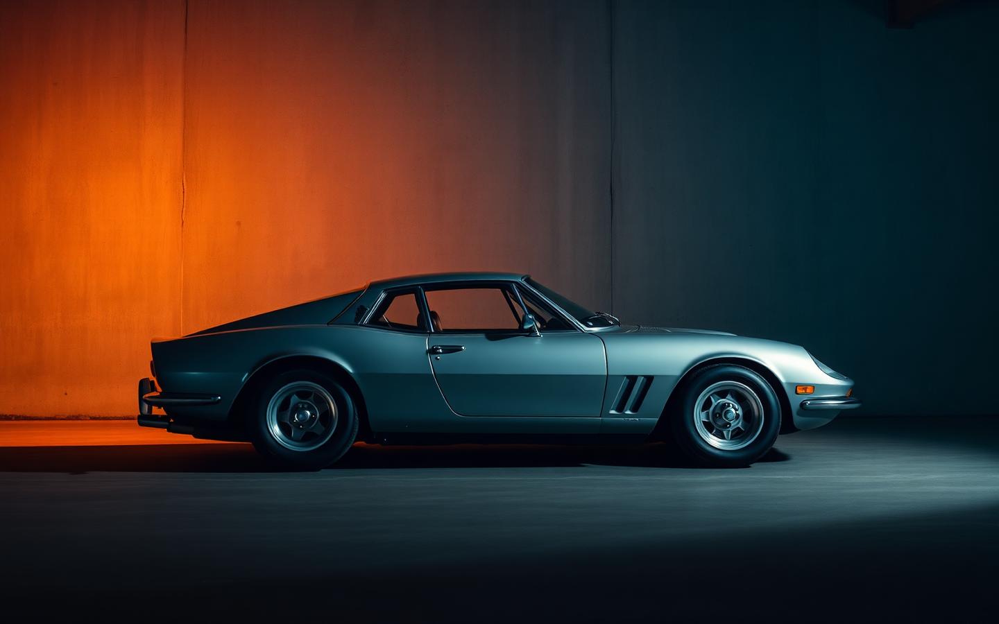 Editorial portrait of a classic exotic car under a single warm spotlight